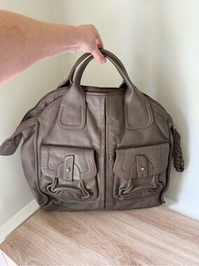BULGA Taupe Gray Leather Satchel with Front Flap Pockets